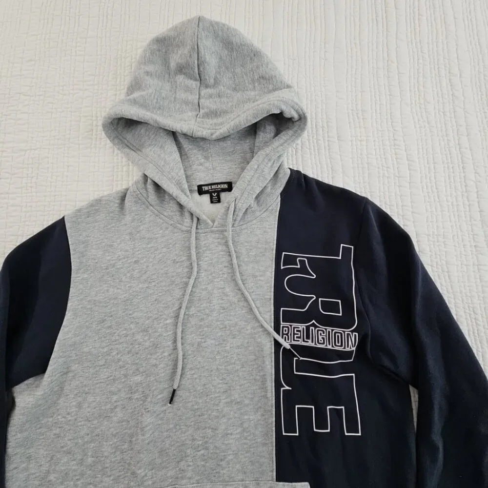 True Religion Colorblock Fleece Logo Hoodie Men's M Black Grey EUC Drawstring LS